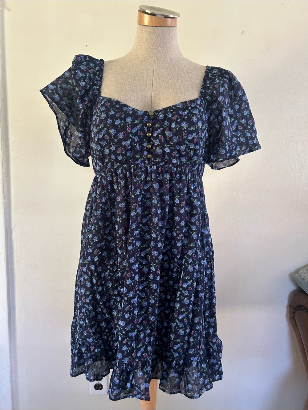 Rewind Navy Floral Puff Sleeve Dress with Blue & Purple Accents